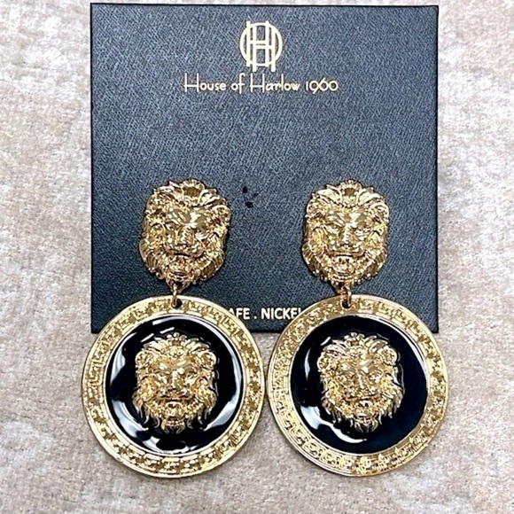 Brand New House of Harlow 1960 Lion Head Gold Tone Black Statement Drop Earring - Picture 1 of 14